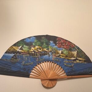 Large Vtg Hand Painted Asian Fan / Arch Window Cover